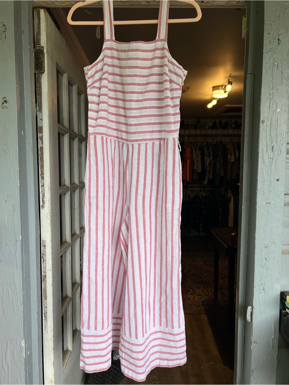beachlunchlounge Pink and White Striped Wide Leg Jumpsuit with pockets